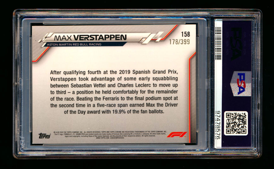 2020 Topps Chrome F1 #158 Max Verstappen RC Purple Refractor #178/399 PSA 9