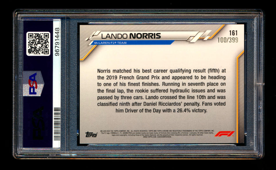 2020 Topps Chrome F1 #161 Lando Norris RC Purple Refractor #100/399 PSA 9