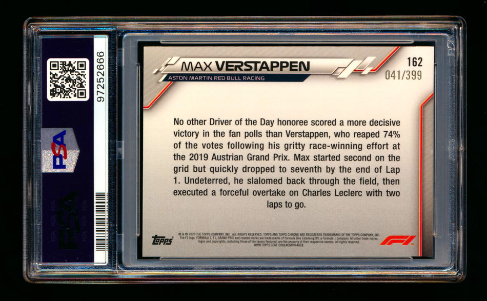 2020 Topps Chrome F1 #162 Max Verstappen RC Purple Refractor #041/399 PSA 8