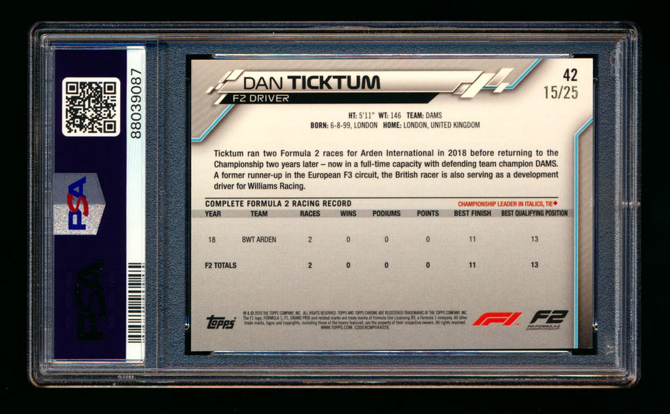 2020 Topps Chrome F1 #42 Dan Ticktum RC Orange Refractor #15/25 PSA 7