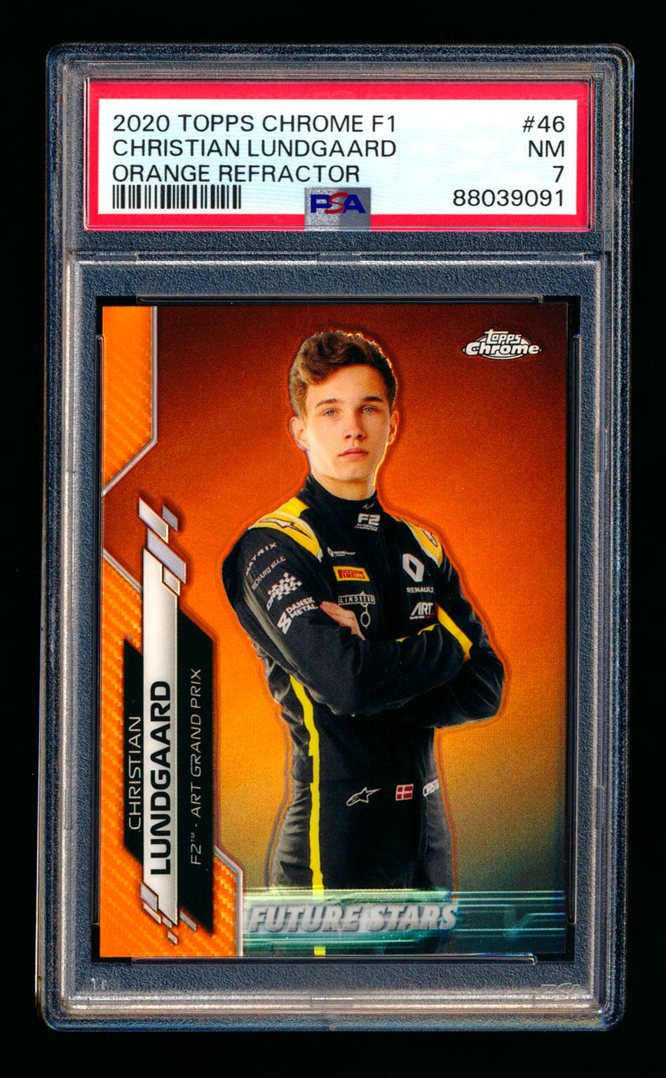 2020 Topps Chrome F1 #46 Christian Lundgaard RC Orange Refractor #21/25 PSA 7