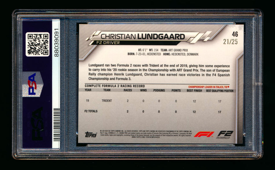 2020 Topps Chrome F1 #46 Christian Lundgaard RC Orange Refractor #21/25 PSA 7