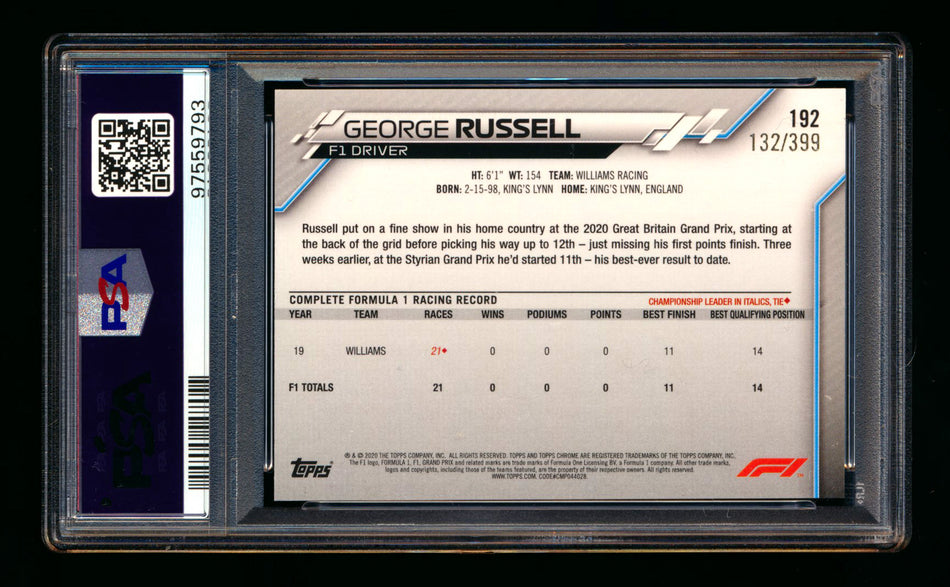 2020 Topps Chrome F1 #192 George Russell RC Purple Refractor #132/399 PSA 8 ** (SOLD - $59.00 - 12/27/2024) **