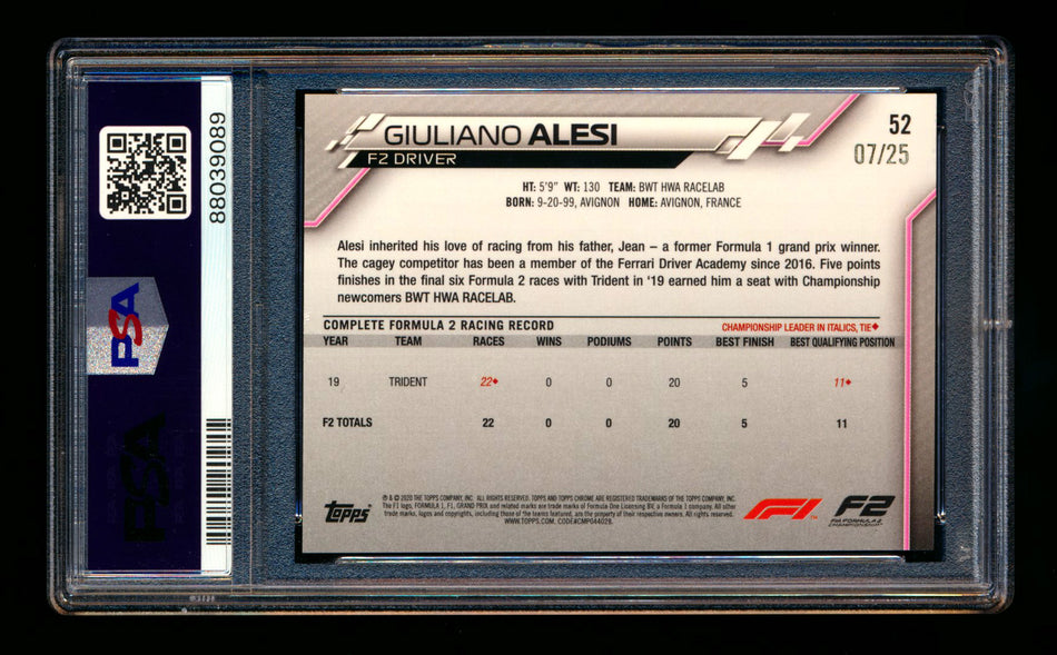 2020 Topps Chrome F1 #52 Giuliano Alesi RC Orange Refractor #07/25 PSA 8