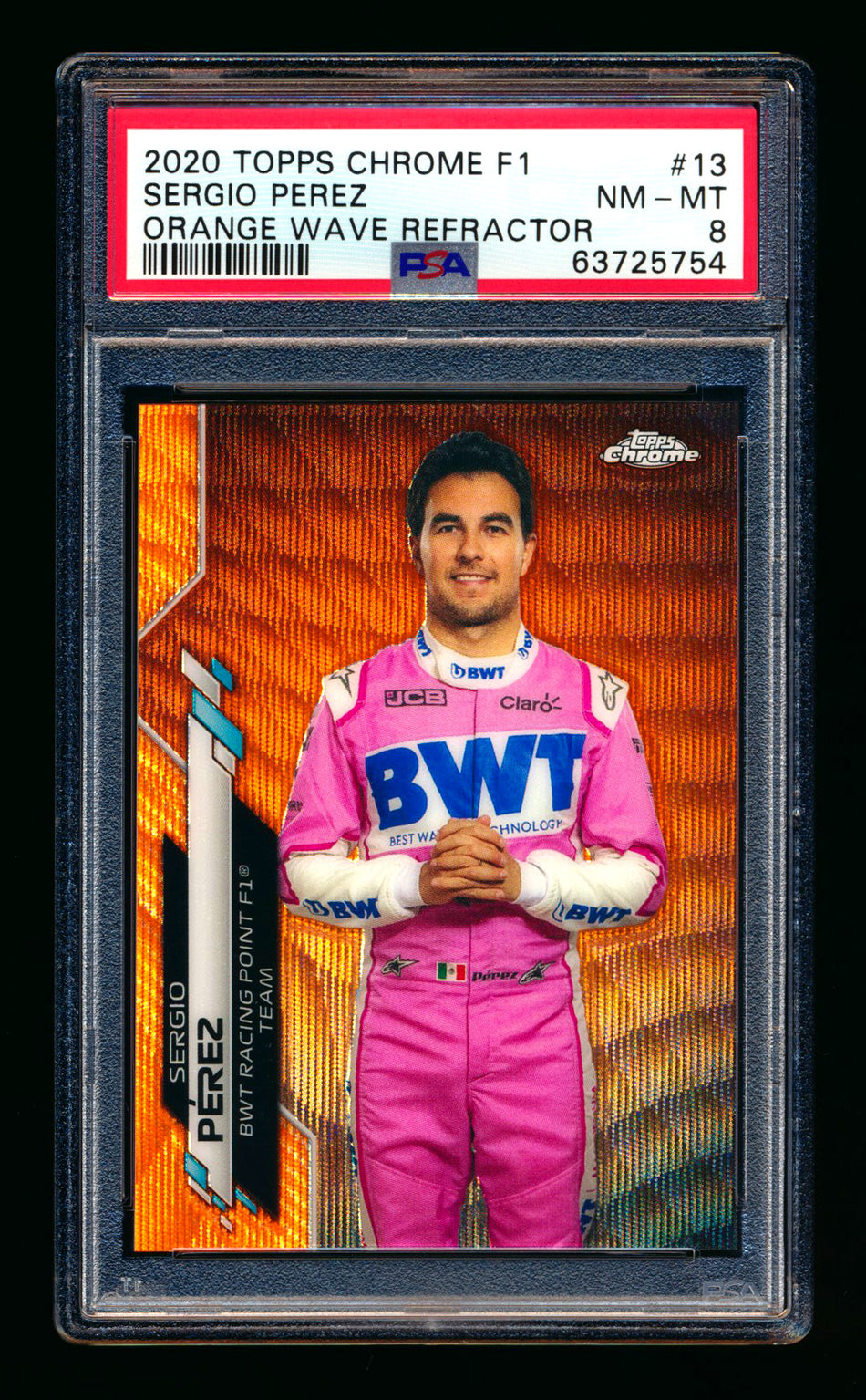 2020 Topps Chrome F1 #13 Sergio Perez RC Orange Wave Refractor Portrait #21/25 PSA 8