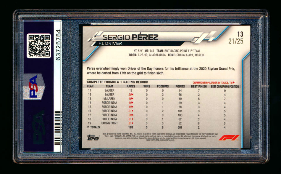 2020 Topps Chrome F1 #13 Sergio Perez RC Orange Wave Refractor Portrait #21/25 PSA 8