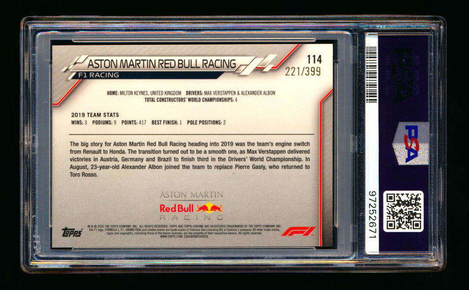 2020 Topps Chrome F1 #114 Aston Martin Red Bull Team Logo RC Purple Refractor #221/399 PSA 8 ** (SOLD Card Show - $41.00 - 2/16/2025) **