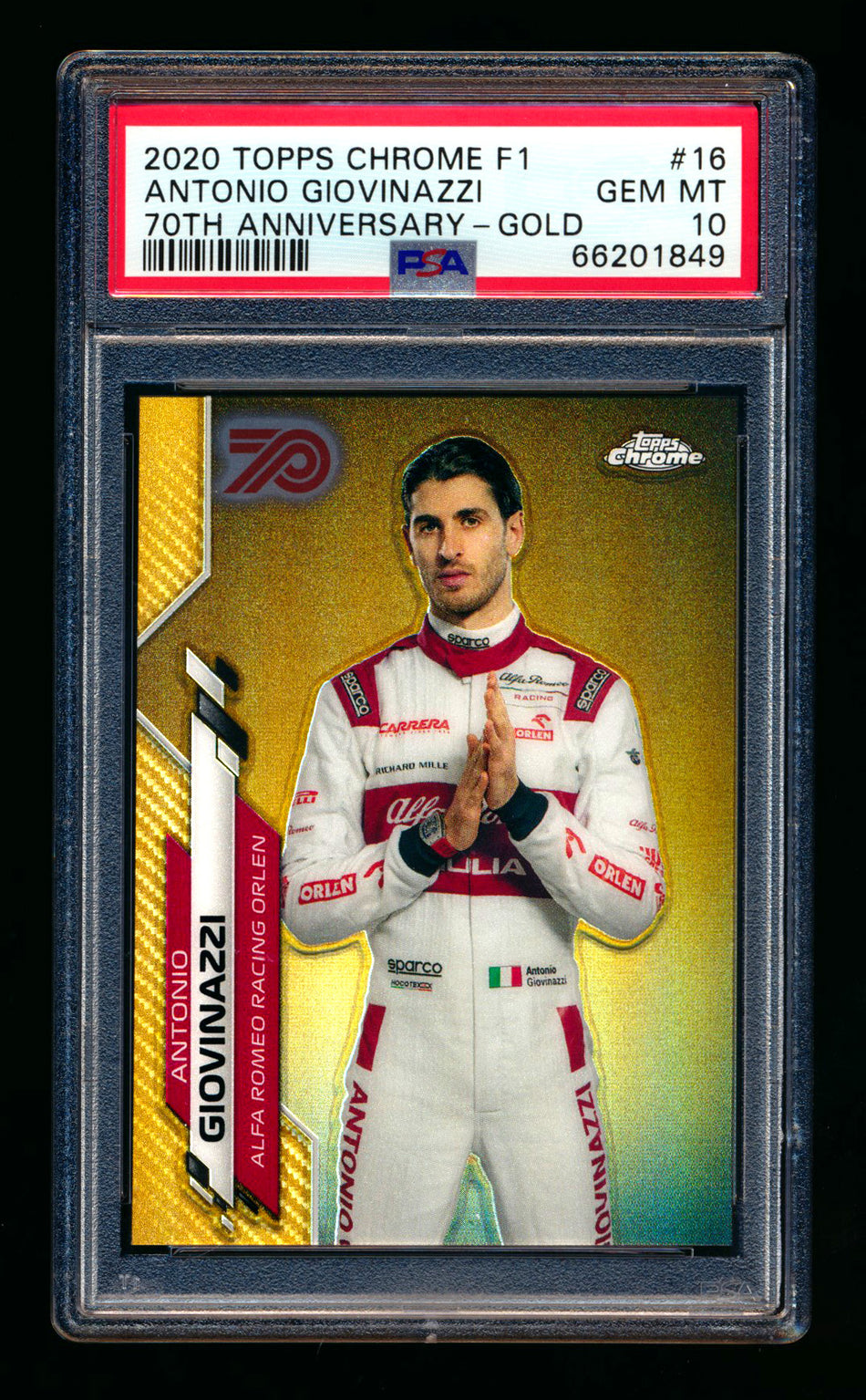 2020 Topps Chrome F1 #16 Antonio Giovinazzi RC 70th Anniversary Gold Refractor Portrait PSA 10