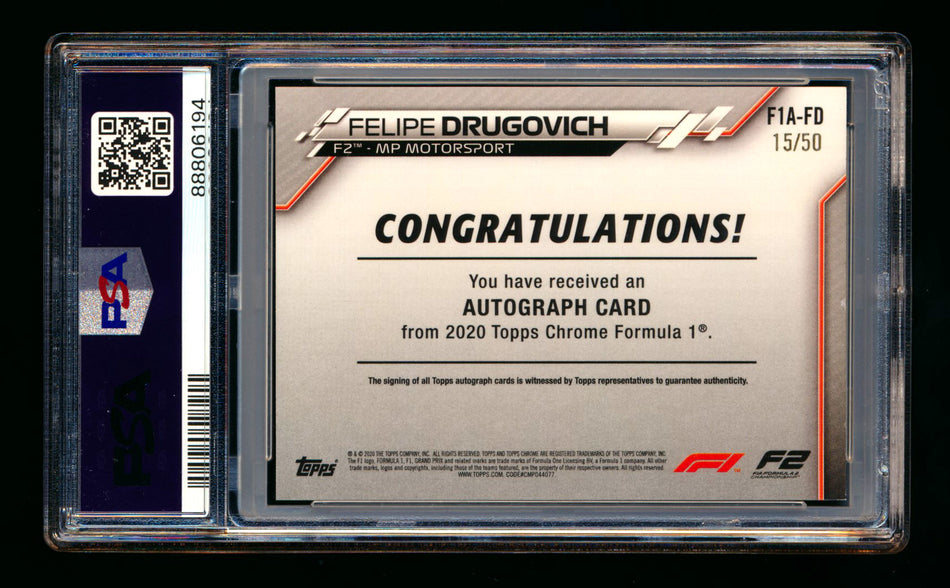 2020 Topps Chrome F1 #F1A-FD Felipe Drugovich RC Gold Refractor Autograph #15/50 PSA 9