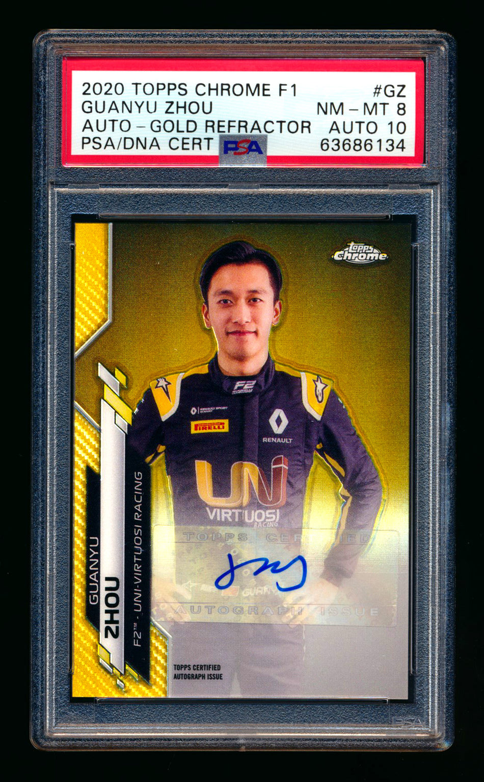 2020 Topps Chrome F1 #F1A-GZ Guanyu Zhou RC Gold Refractor Autograph #16/50 PSA 8 DNA 10