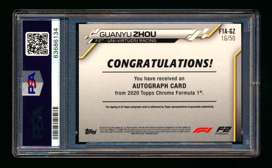 2020 Topps Chrome F1 #F1A-GZ Guanyu Zhou RC Gold Refractor Autograph #16/50 PSA 8 DNA 10