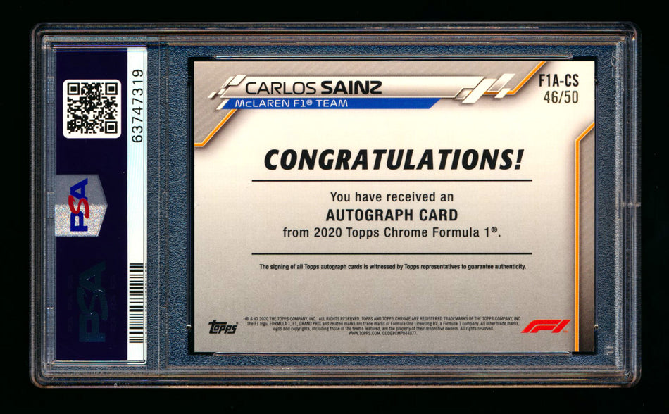 2020 Topps Chrome F1 #F1A-CS Carlos Sainz RC Gold Wave Refractor Autograph #46/50 PSA 8 DNA 10 ** (SOLD - $675.00 - 12/21/2024) **