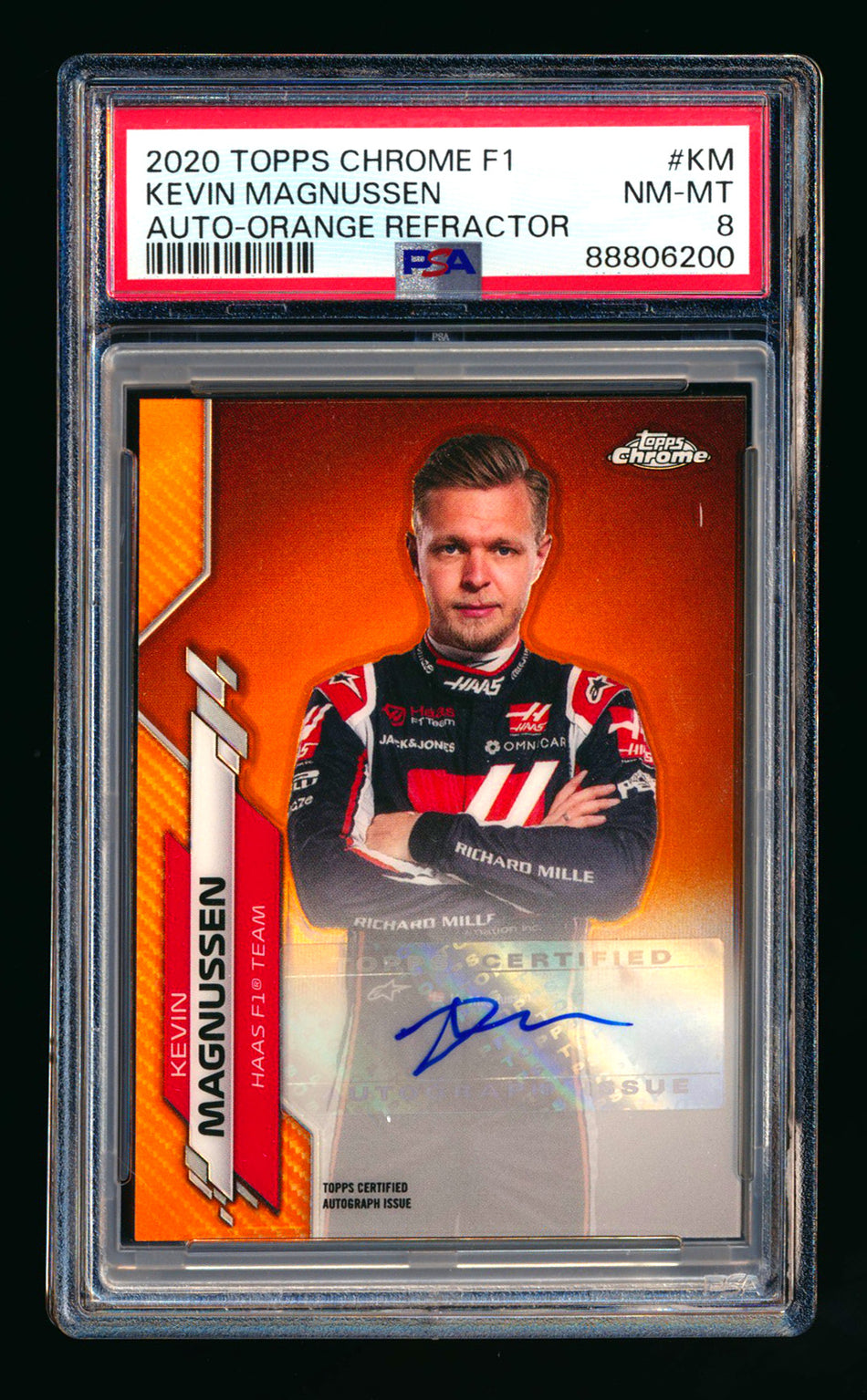 2020 Topps Chrome F1 #F1A-KM Kevin Magnussen RC Orange Refractor Autograph #24/25 PSA 8