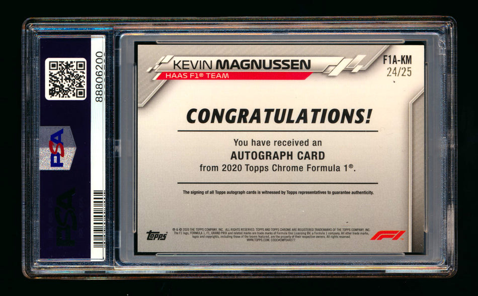 2020 Topps Chrome F1 #F1A-KM Kevin Magnussen RC Orange Refractor Autograph #24/25 PSA 8