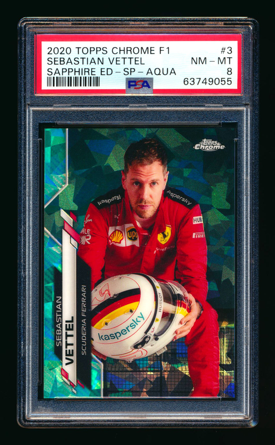 2020 Topps Chrome Sapphire F1 #3 Sebastian Vettel RC Aqua Refractor Image Variation SP #26/99 PSA 8