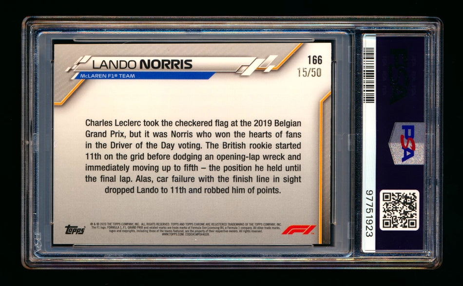 2020 Topps Chrome F1 #166 Lando Norris RC Gold Refractor #15/50 PSA 8