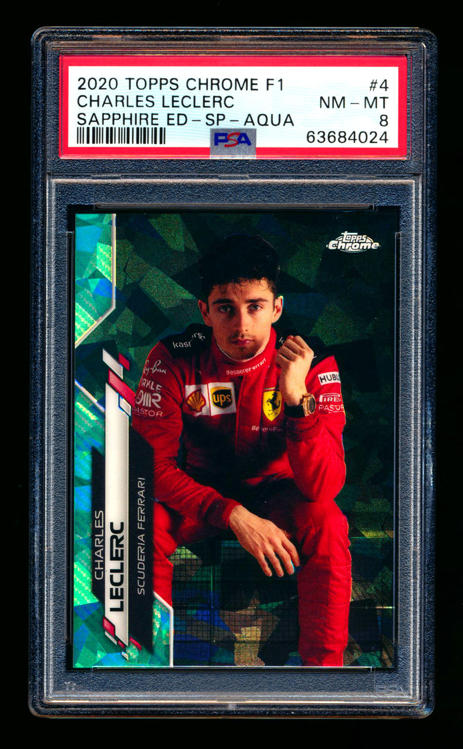 2020 Topps Chrome Sapphire F1 #4 Charles Leclerc RC Aqua Refractor Image Variation SP #81/99 PSA 8