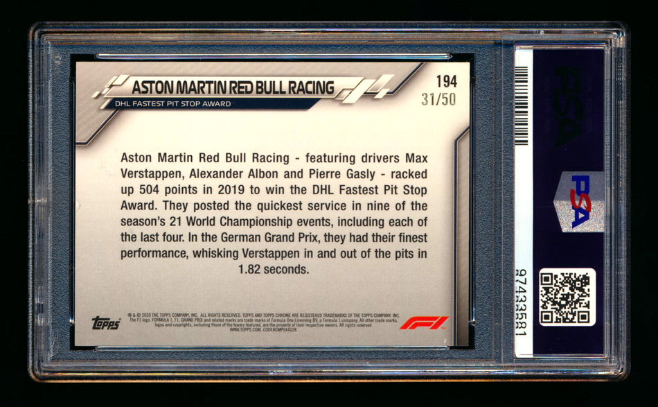 2020 Topps Chrome F1 #194 Aston Martin Red Bull RC Gold Refractor #31/50 PSA 8