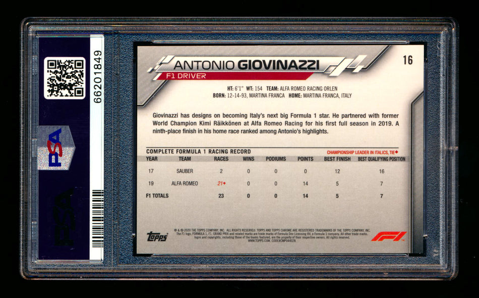 2020 Topps Chrome F1 #16 Antonio Giovinazzi RC 70th Anniversary Gold Refractor Portrait PSA 10