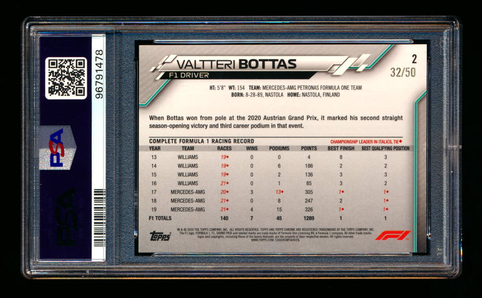 2020 Topps Chrome F1 #2 Valtteri Bottas RC Gold Wave Refractor Portrait #32/50 PSA 7