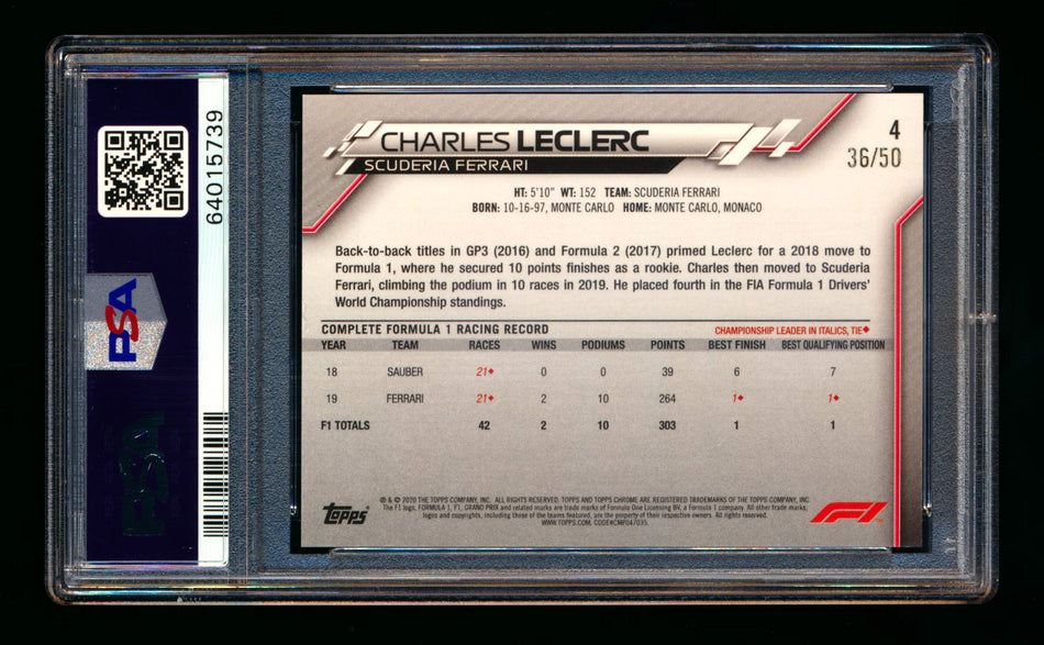 2020 Topps Chrome Sapphire F1 #4 Charles Leclerc RC Gold Refractor Image Variation SP #36/50 PSA 7