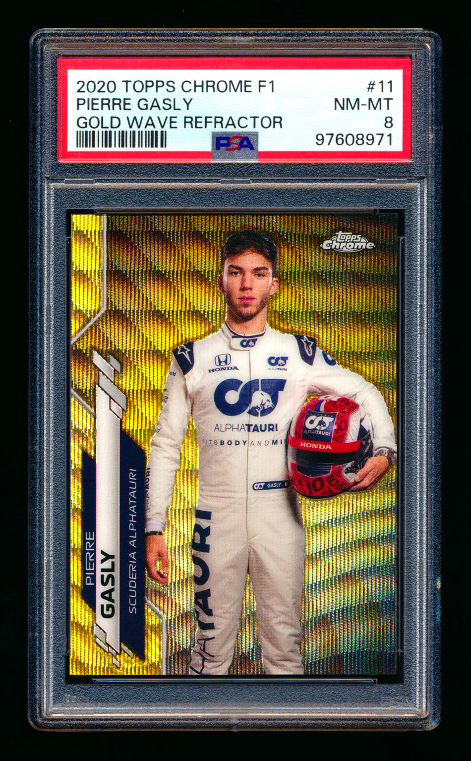 2020 Topps Chrome F1 #11 Pierre Gasly RC Gold Wave Refractor Portrait #08/50 PSA 8