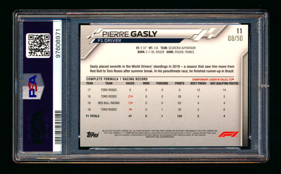 2020 Topps Chrome F1 #11 Pierre Gasly RC Gold Wave Refractor Portrait #08/50 PSA 8