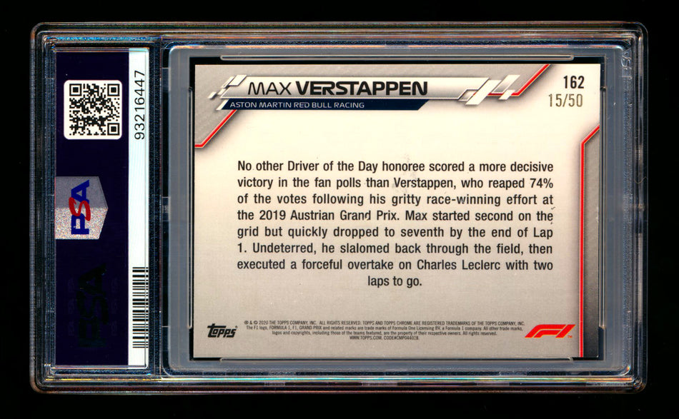 2020 Topps Chrome F1 #162 Max Verstappen RC Gold Wave Refractor #15/50 PSA 7