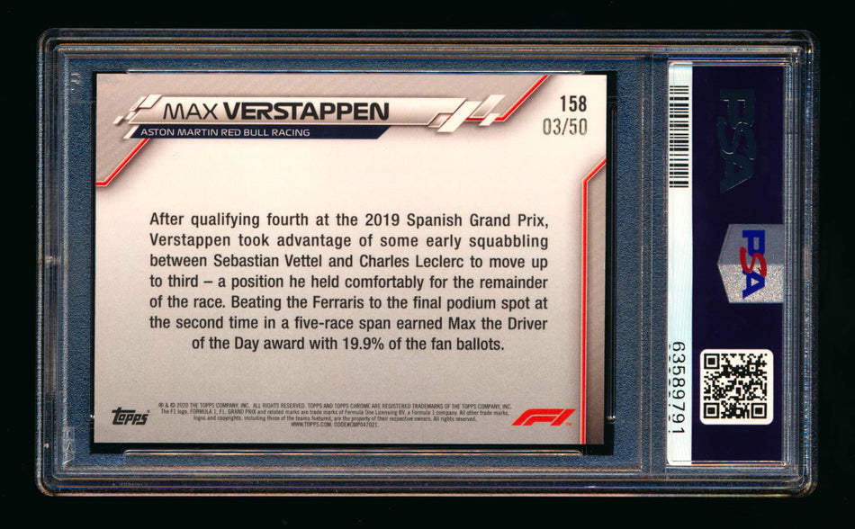 2020 Topps Chrome Sapphire F1 #158 Max Verstappen RC Gold Refractor #03/50 PSA 8