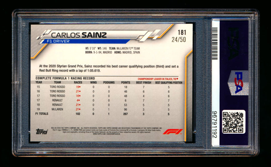 2020 Topps Chrome F1 #181 Carlos Sainz RC Gold Wave Refractor #24/50 PSA 8 ** (SOLD - $40.00 - 1/8/2025) **