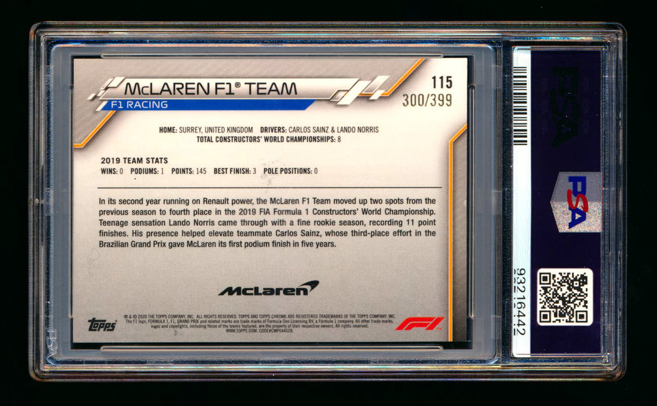 2020 Topps Chrome F1 #115 McLaren Team Logo RC Purple Refractor #300/399 PSA 8 ** (SOLD - $45.00 - 12/25/2024) **