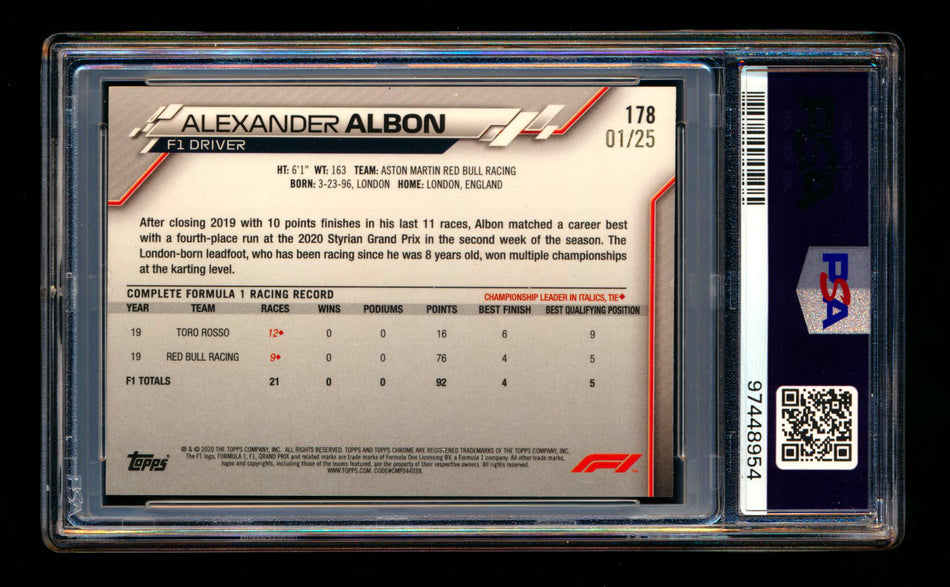 2020 Topps Chrome F1 #178 Alexander Albon RC Orange Refractor #01/25 PSA 8 (First #!)