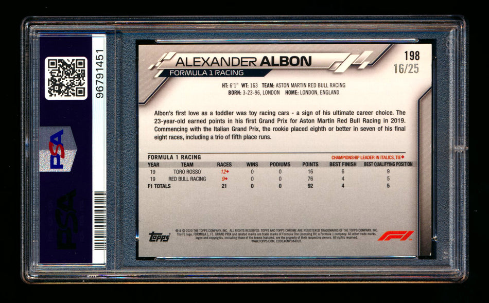 2020 Topps Chrome F1 #198 Alexander Albon RC Orange Wave Refractor #16/25 PSA 7