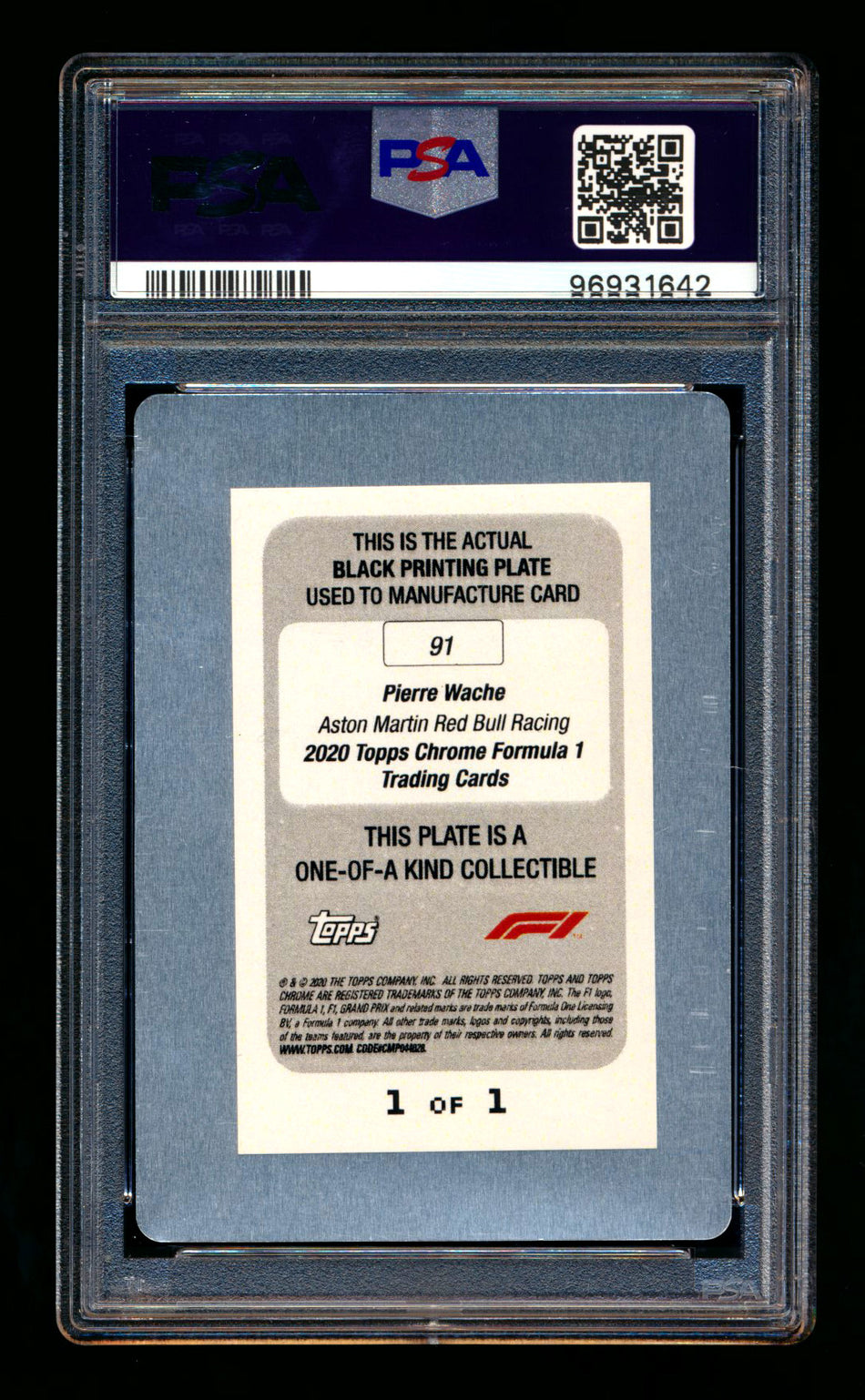 2020 Topps Chrome F1 #91 Pierre Wache RC Black Printing Plate #1/1 PSA Authentic - POP 1!