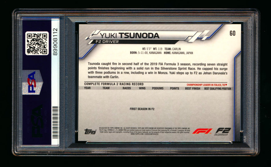 2020 Topps Chrome F1 #60 Yuki Tsunoda RC 70th Anniversary Gold Refractor PSA 10