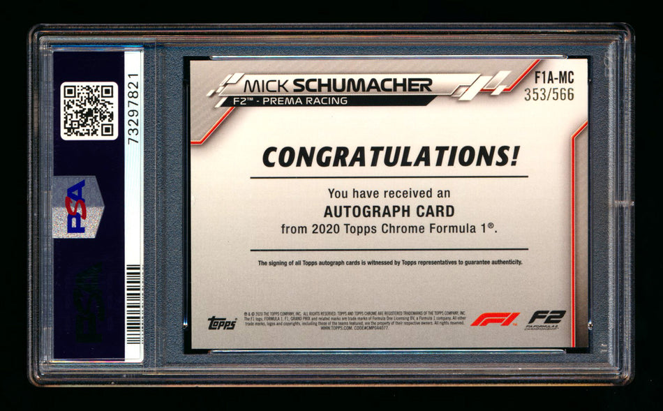 2020 Topps Chrome F1 #F1A-MC Mick Schumacher RC Refractor Autograph #353/566 PSA 8