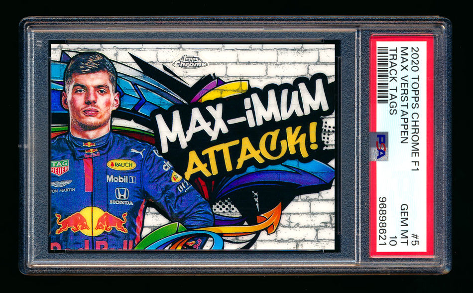 2020 Topps Chrome F1 Track Tags #TT-5 Max "MAX-imum Attack!" Verstappen RC Refractor PSA 10