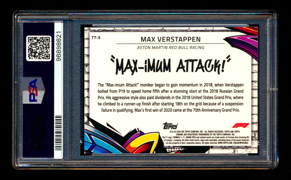 2020 Topps Chrome F1 Track Tags #TT-5 Max "MAX-imum Attack!" Verstappen RC Refractor PSA 10