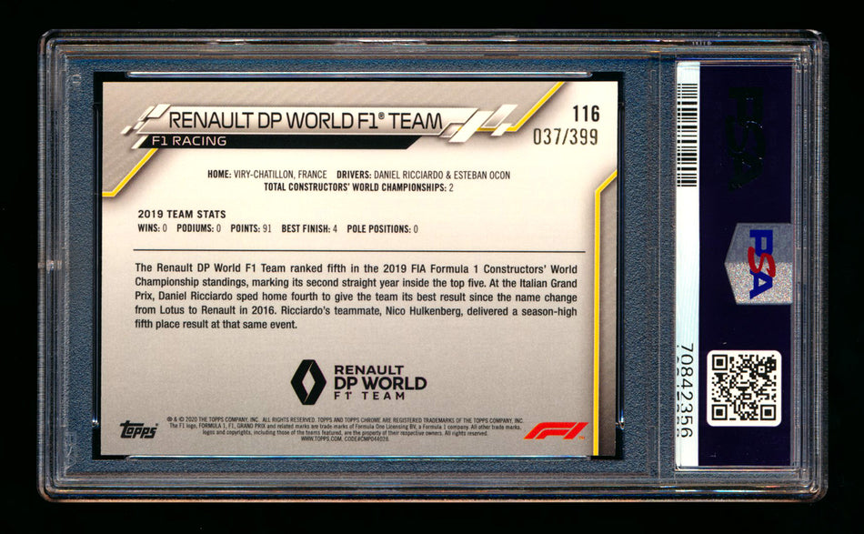 2020 Topps Chrome F1 #116 Renault DP World Team Logo RC Purple Refractor #037/399 PSA 8 ** (SOLD - $22.00 - 12/25/2024) **