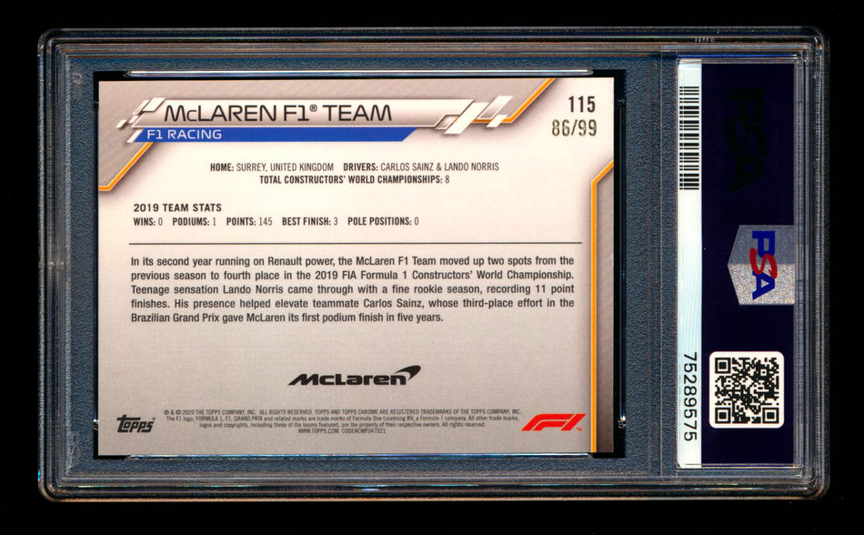 2020 Topps Chrome Sapphire F1 #115 McLaren Team Logo RC Aqua Refractor #86/99 PSA 8 ** (SOLD eBay - $130.00 - 4/23/2025) **