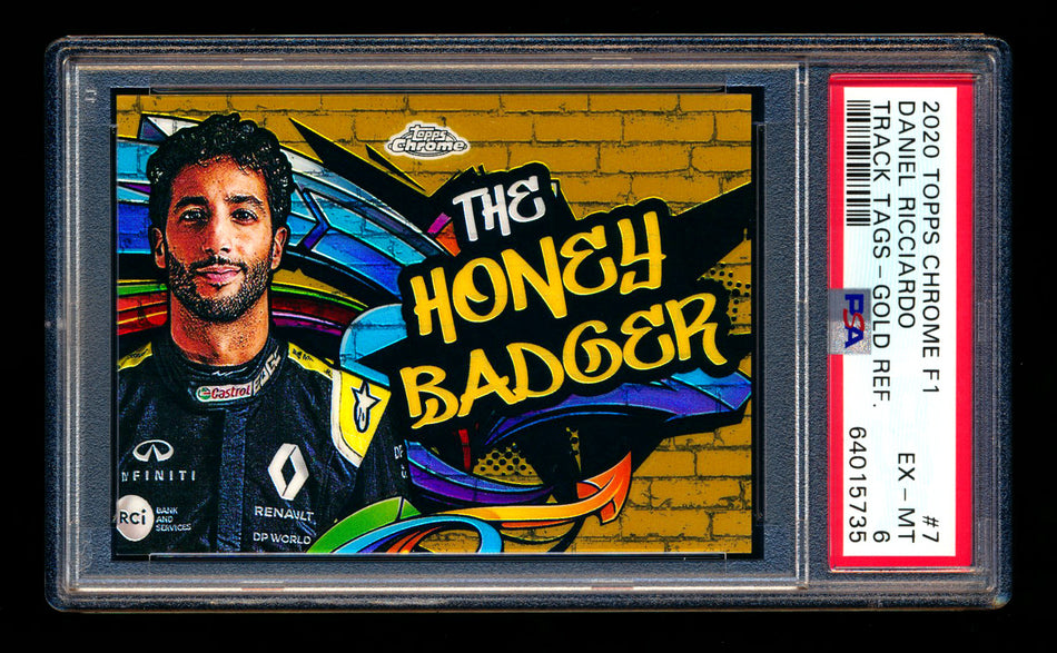 2020 Topps Chrome F1 Track Tags #TT-7 Daniel "The Honey Badger" Ricciardo RC Gold Refractor #02/50 PSA 6 ** (SOLD - $333.00 - 4/15/2025) **
