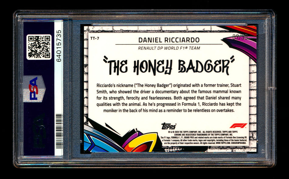 2020 Topps Chrome F1 Track Tags #TT-7 Daniel "The Honey Badger" Ricciardo RC Gold Refractor #02/50 PSA 6 ** (SOLD - $333.00 - 4/15/2025) **