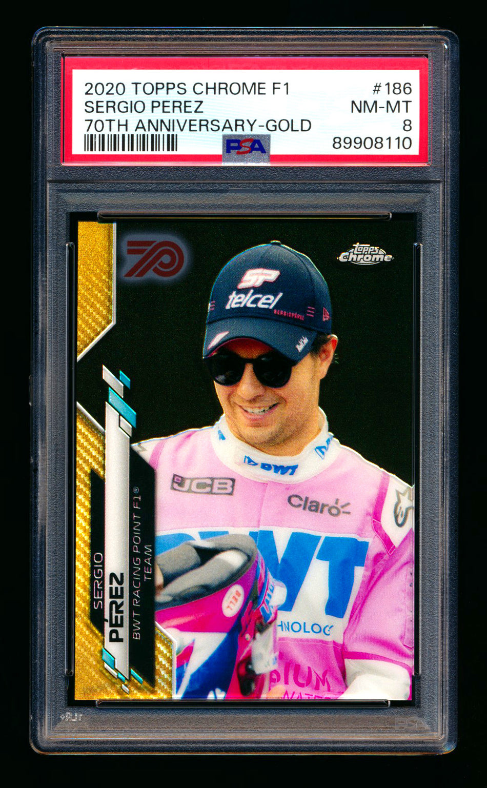 2020 Topps Chrome F1 #186 Sergio Perez RC 70th Anniversary Gold Refractor PSA 8