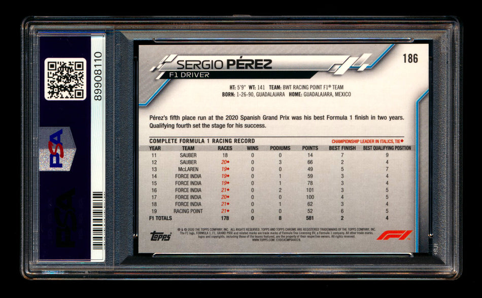 2020 Topps Chrome F1 #186 Sergio Perez RC 70th Anniversary Gold Refractor PSA 8
