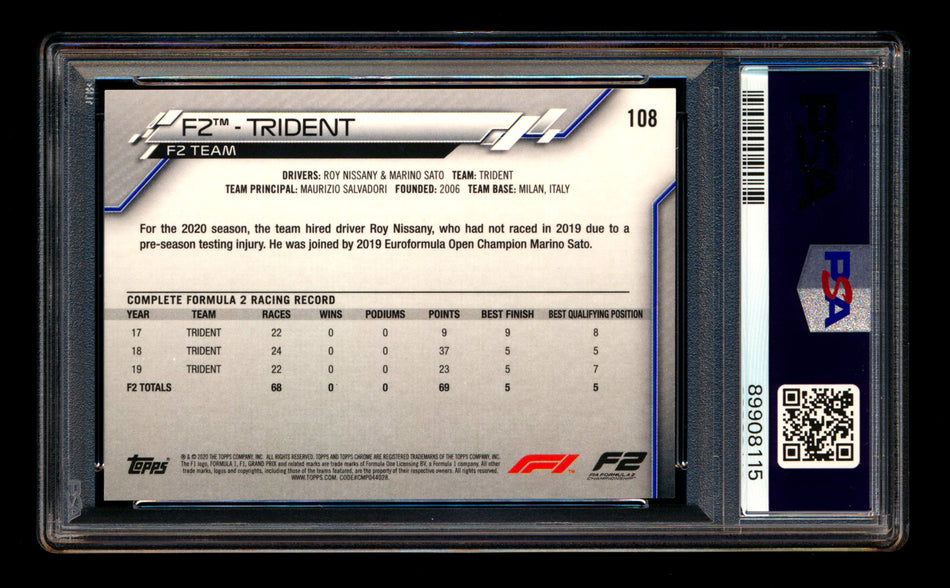 2020 Topps Chrome F1 #108 Trident RC 70th Anniversary Orange Refractor PSA 9