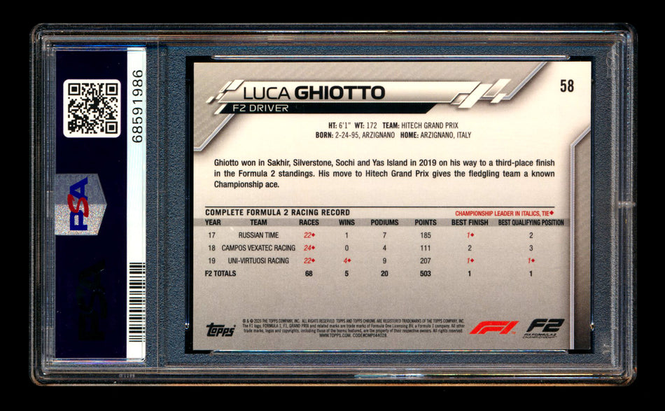 2020 Topps Chrome F1 #58 Luca Ghiotto RC 70th Anniversary Superfractor PSA 9 - POP 1!