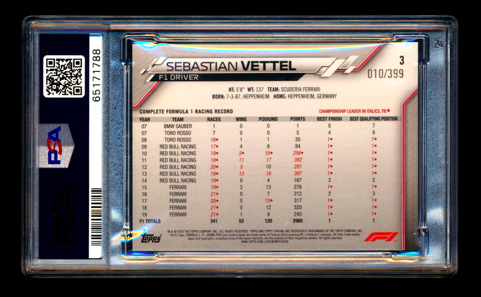 2020 Topps Chrome F1 #3 Sebastian Vettel RC Purple Refractor Portrait #010/399 PSA 10 - POP 1!