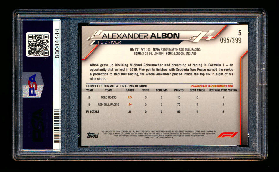 2020 Topps Chrome F1 #5 Alexander Albon RC Purple Refractor Portrait #095/399 PSA 8 ** (SOLD - $35.00 - 3/21/2025) **