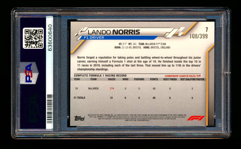 2020 Topps Chrome F1 #7 Lando Norris RC Purple Refractor Portrait #108/399 PSA 8 ** (SOLD - $159.00 - 3/21/2025) **