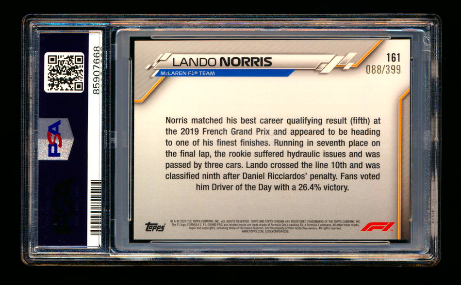 2020 Topps Chrome F1 #161 Lando Norris RC Purple Refractor #088/399 PSA 10
